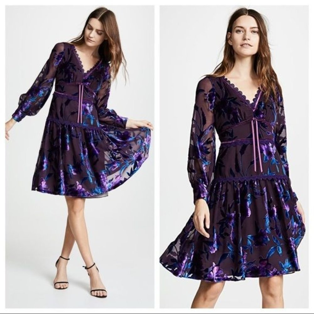 Marchesa Notte 8 Purple Bishop Sleeve Printed Velvet Burnout Cocktail New